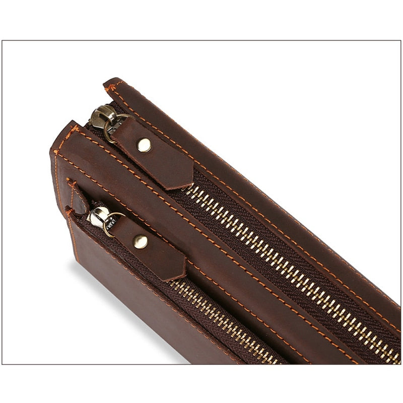 Crazy Horse Leather Men's Wallets Long Genuine Leather Business Men's Clutch Zipper Large Capacity Hand Bag Man Cell Phone Purse
