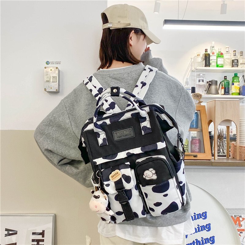 Vintage Casual Women Plaid Purple Backpacks New Fashion Black Cow Pattern Travel Bag for Teenager Girls Backpack School Bag