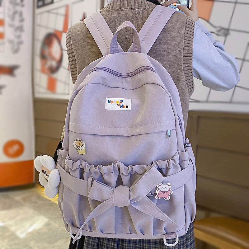 Fashion Kawaii Bow Waterproof Female Laptop Backpack Ladies Nylon College Backpack Trendy Women School Bag Girl Travel Cute Bags