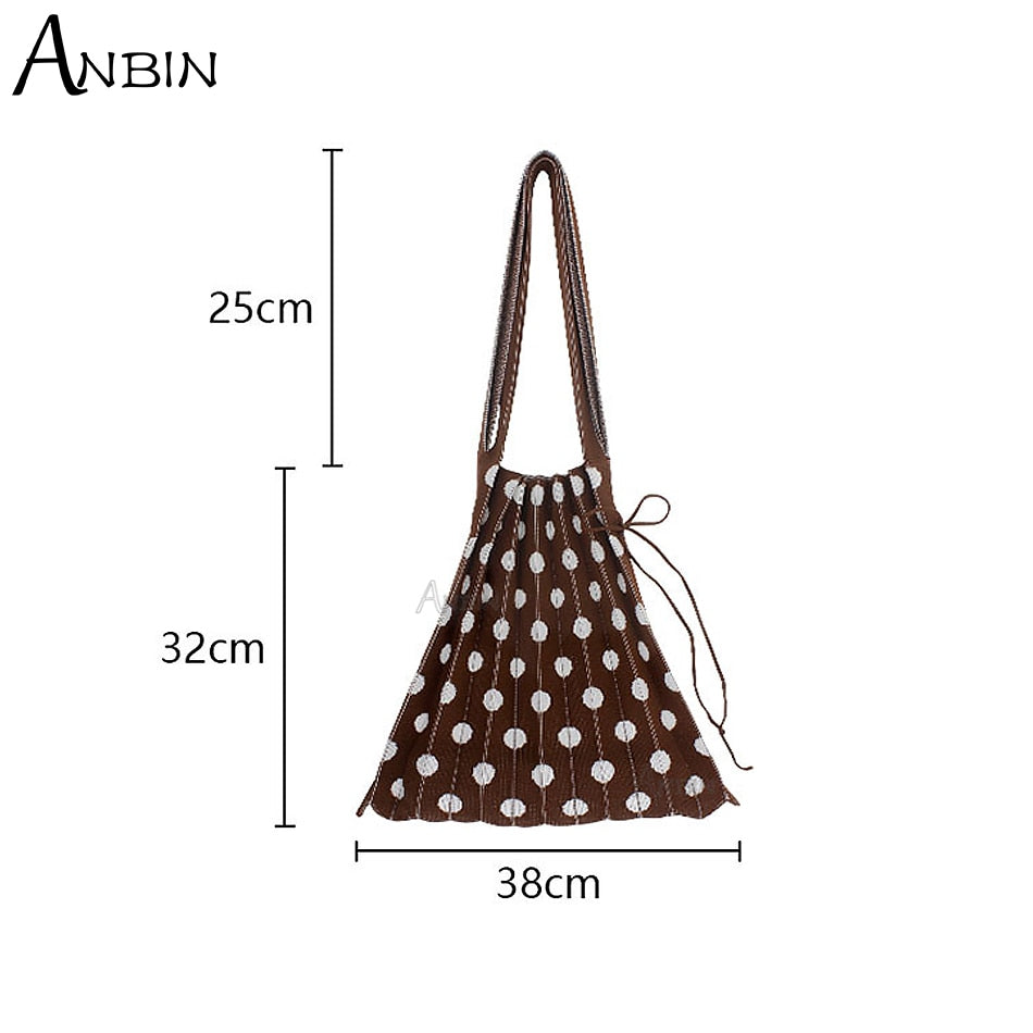 Women's Polka Dot Pleated Bag Folded Contrast Color Wool Knit Female Fashion Shoulder Handbag Organ Large Capacity Shopping Tote