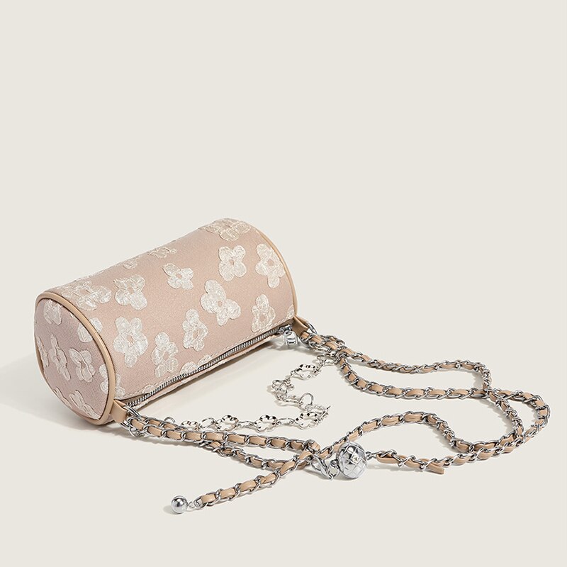 Canvas Chain Mini Shoulder Crossbody Bag Woman Flower Zipper Underarm Bags Solid Color All-Match Boston Barrel Handbag