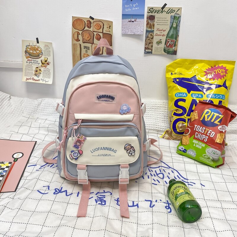 DCIMOR New Letter Printing Women Backpack Female Multi-pocket Contrast Color Nylon Book Bag College Ladies Schoolbag Girl Travel