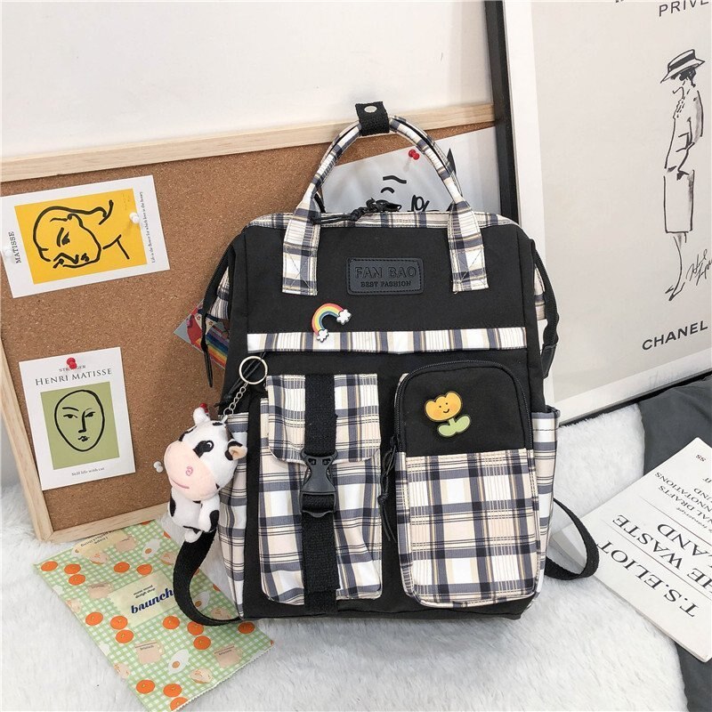 Vintage Casual Women Plaid Purple Backpacks New Fashion Black Cow Pattern Travel Bag for Teenager Girls Backpack School Bag
