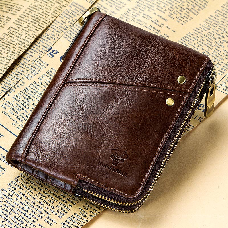 RFID Blocking Men's Wallets With Chain High Quality Cowhide Zipper Coin Pocket Card Holder Anti-Theft Chain Clutch Money Bag