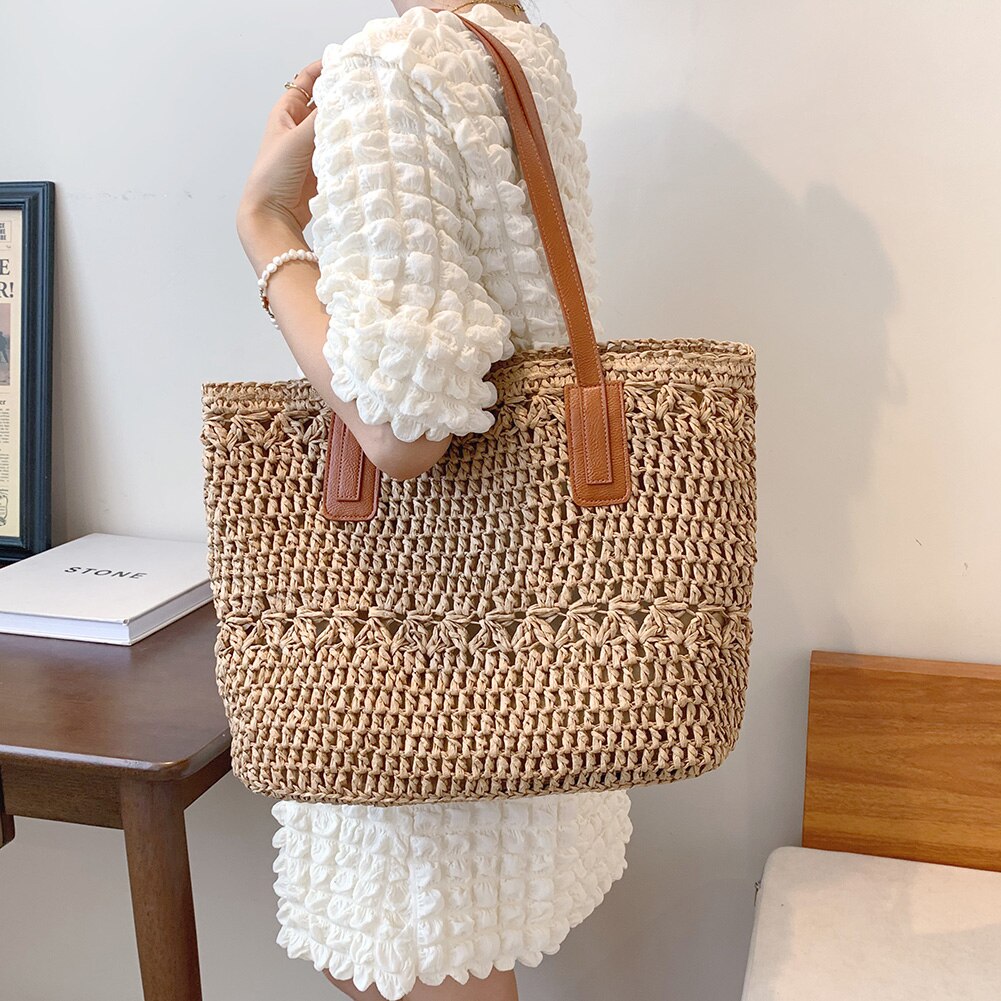 Straw Beach Bag Vintage Handmade Woven Shoulder Bag Bohemian Summer Vacation Casual Shoulder Bag Shopping Pouch