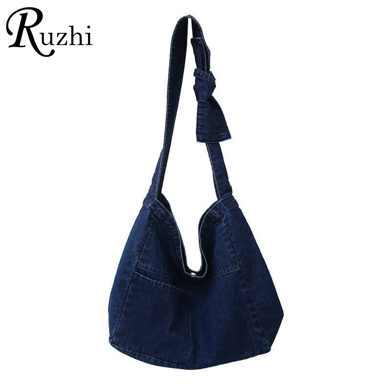 Large Capacity Canvas Shoulder Bags For Women Solid Fashion Fold Female Handbag Jean Big Shopping Eco Bag Denim Crossbody Bags