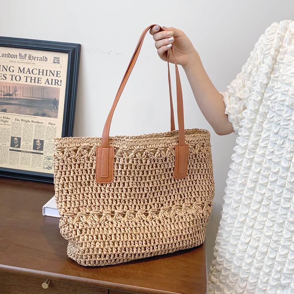 Straw Beach Bag Vintage Handmade Woven Shoulder Bag Bohemian Summer Vacation Casual Shoulder Bag Shopping Pouch