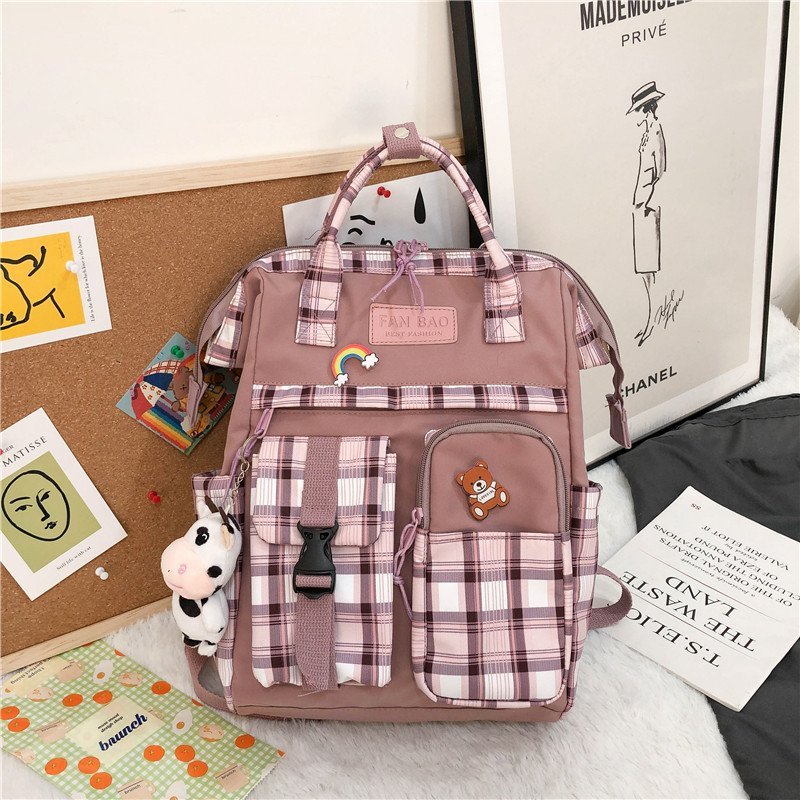 Vintage Casual Women Plaid Purple Backpacks New Fashion Black Cow Pattern Travel Bag for Teenager Girls Backpack School Bag