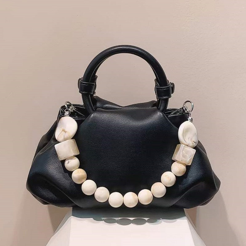 Ins Hot Fashion Soft Ruched Tote Hobo Bag Soft Leather Hobo Shoulder Bag with Pearl String Handle Unique