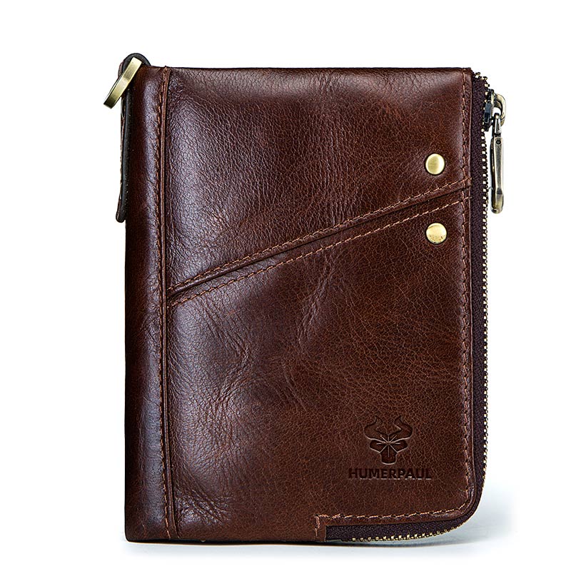 RFID Blocking Men's Wallets With Chain High Quality Cowhide Zipper Coin Pocket Card Holder Anti-Theft Chain Clutch Money Bag