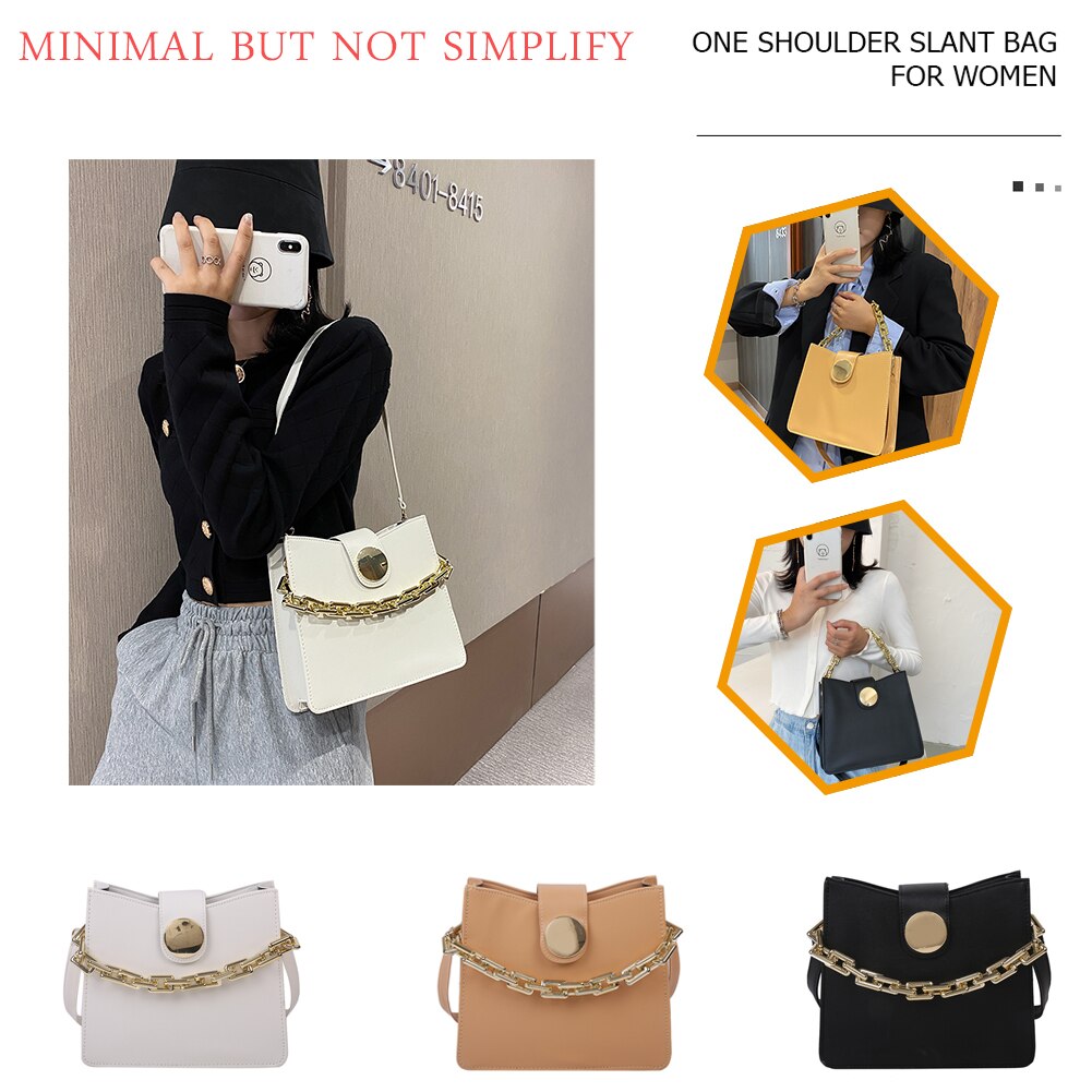 Youth Ladies Simple Versatile Bag Fashion Solid Color PU Leather Shoulder Bags for Women Chain Flap Buckle Totes