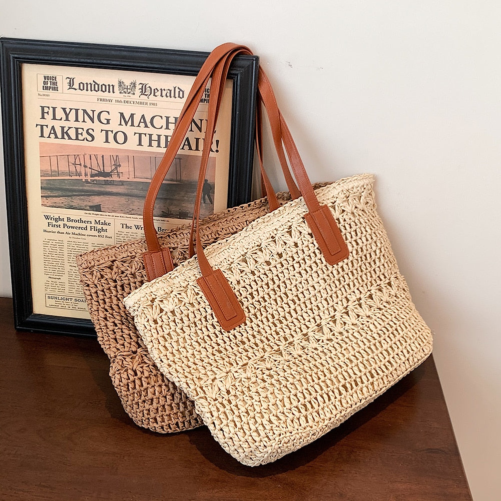 Straw Beach Bag Vintage Handmade Woven Shoulder Bag Bohemian Summer Vacation Casual Shoulder Bag Shopping Pouch
