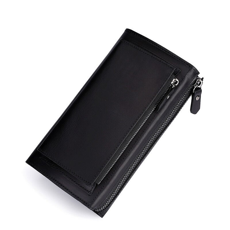 Crazy Horse Leather Men's Wallets Long Genuine Leather Business Men's Clutch Zipper Large Capacity Hand Bag Man Cell Phone Purse