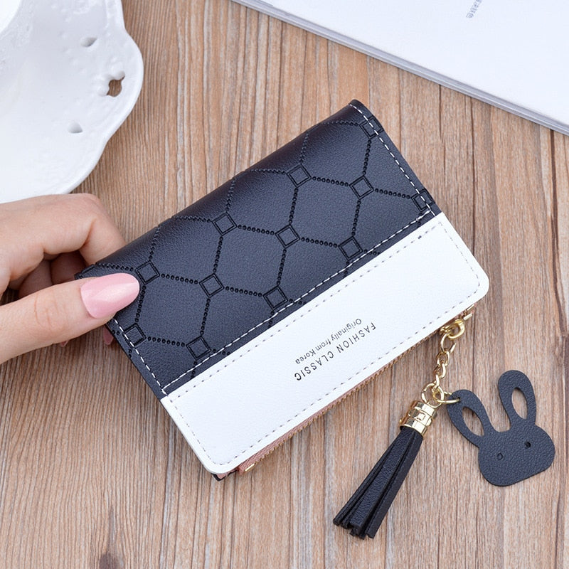 New Arrival Short Women Wallets Tassel Zipper Purse Patchwork Fashion Panelled Wallets Trendy Coin Purse Card Holder Leather