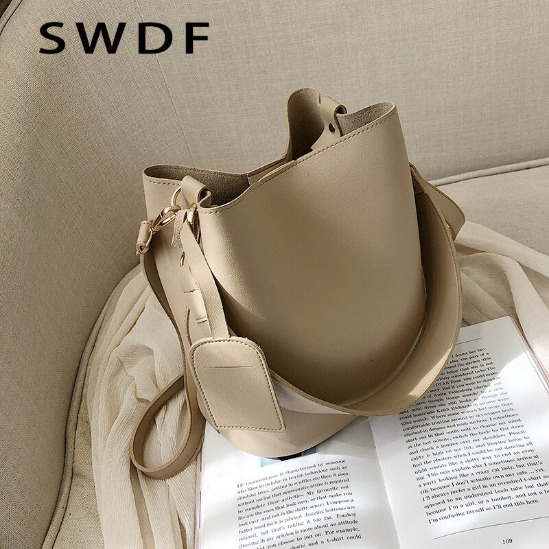 Casual Wide Strap Buckets Bag Designer Women Shoulder Bags Luxury Pu Crossbody Bag Large Capacity Messenger Bag Simply Purses