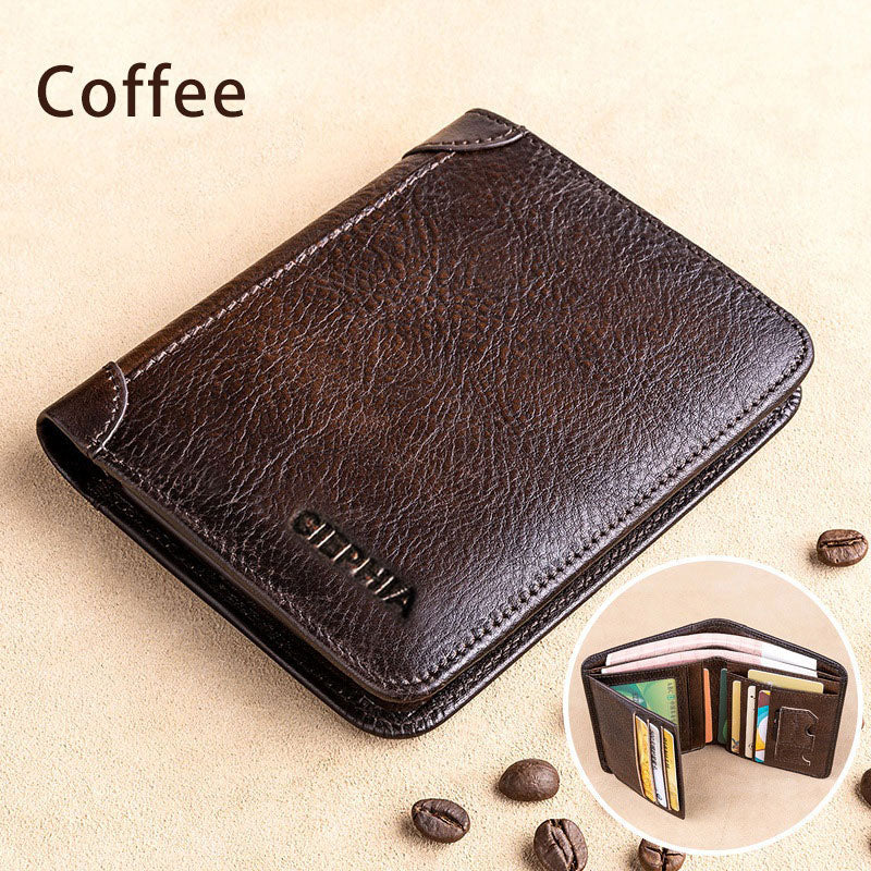 New Genuine Leather Rfid Wallets for Men Vintage Thin Short Multi Function ID Credit Card Holder Money Bag
