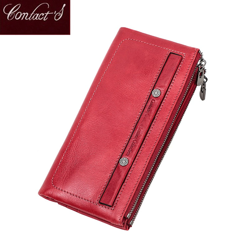 Contacts Genuine Leather Wallet For Women Clutch Long Bifold Female Purses Double Zipper Pocket Card Holder Wallets Money Bag
