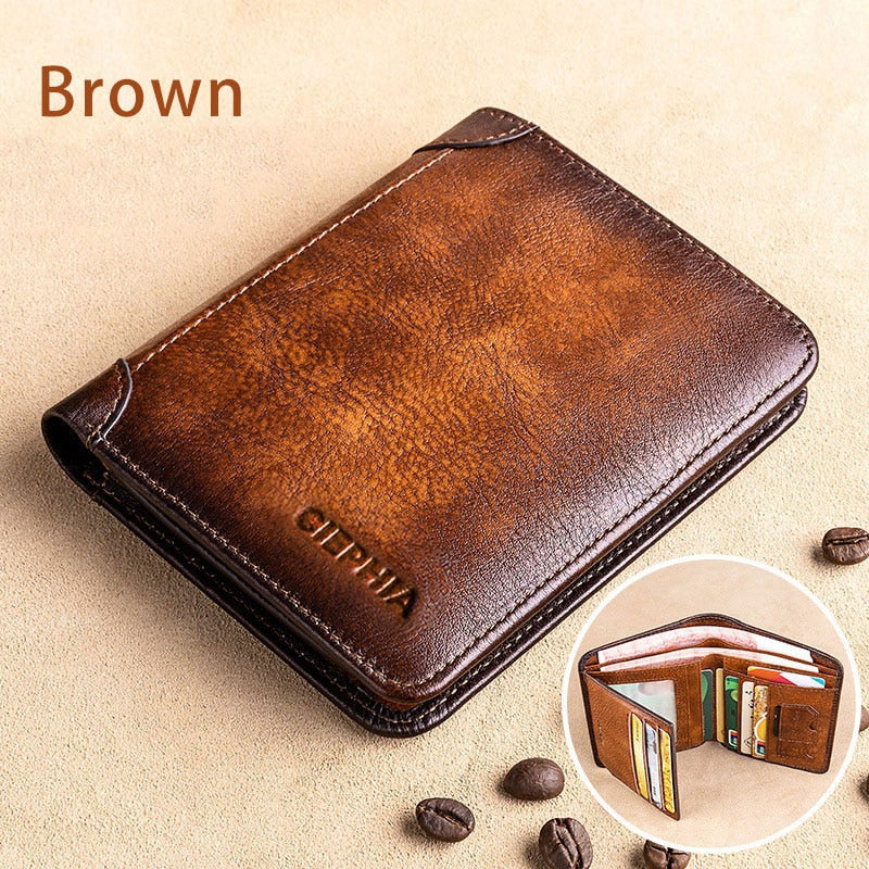 New Genuine Leather Rfid Wallets for Men Vintage Thin Short Multi Function ID Credit Card Holder Money Bag