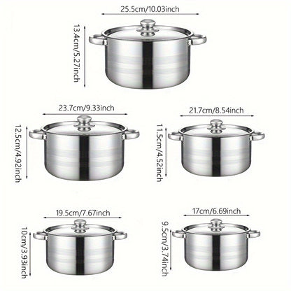 10pcs set of stainless steel pots, specifications are 6.69/7.68/8.54/9.33/10.04inch, stainless steel cooking pot, 5 pots + 5 pot lids, suitable for induction cookers and gas stoves, stainless steel double handle with lid, deep soup pot, suitable for soup,