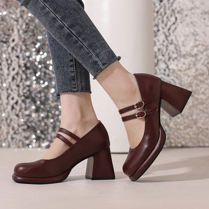 xiangtuibao Double Breasted Buttoned Cutout Breathable Thick Heel Women's Pumps Tapered Thick Heel Classic French Style Mary Jean Shoes