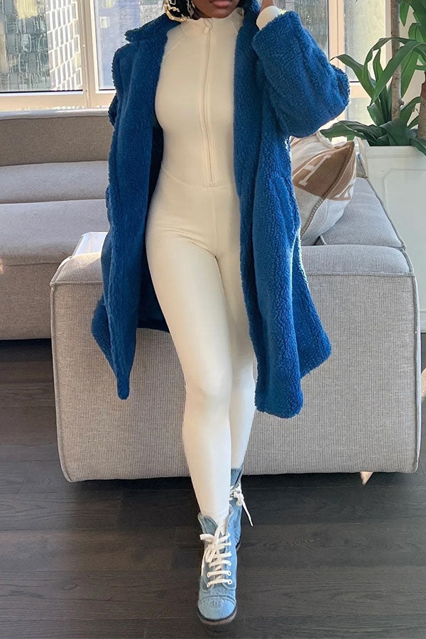 xiangtuibao Solid Color Turndown Collar Fluffy Pocket Coat
