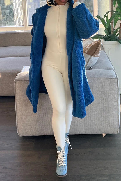 xiangtuibao Solid Color Turndown Collar Fluffy Pocket Coat