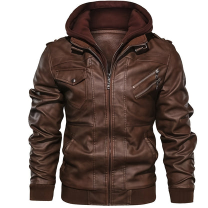 Trendy Mens PU Leather Biker Jacket - Chic Hooded Design with Zip Up Closure - Durable & Stylish Casual Wear