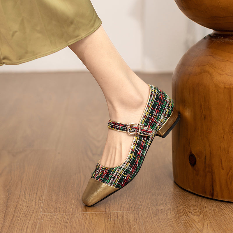 xiangtuibao Women Flats Square Toe Special Material Mary Janes Patchwork Women’s Design Flats With Buckle Ladies Shoes Sweet Footwear