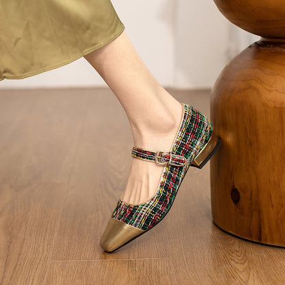 xiangtuibao Women Flats Square Toe Special Material Mary Janes Patchwork Women’s Design Flats With Buckle Ladies Shoes Sweet Footwear
