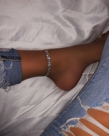 2025 ins New new diamond-encrusted anklet with two rows of diamonds, simple flash diamond ankle chain, small diamond foot jewelry 0153