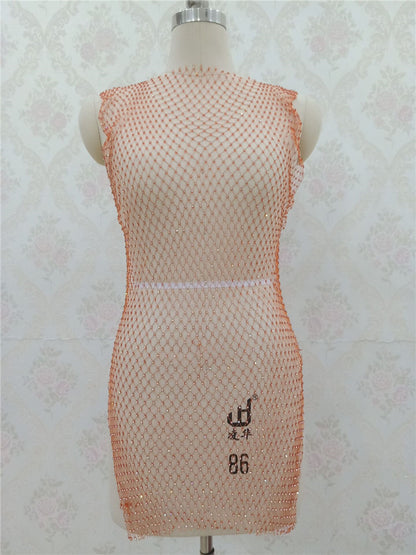 2025 ins grid flash diamond dress, diamond-encrusted slim-fit fishing net skirt, diamond-ridden side split mesh skirt female BY0139