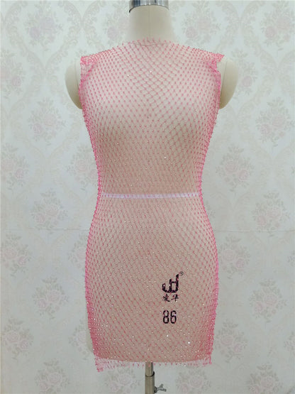 2025 ins grid flash diamond dress, diamond-encrusted slim-fit fishing net skirt, diamond-ridden side split mesh skirt female BY0139