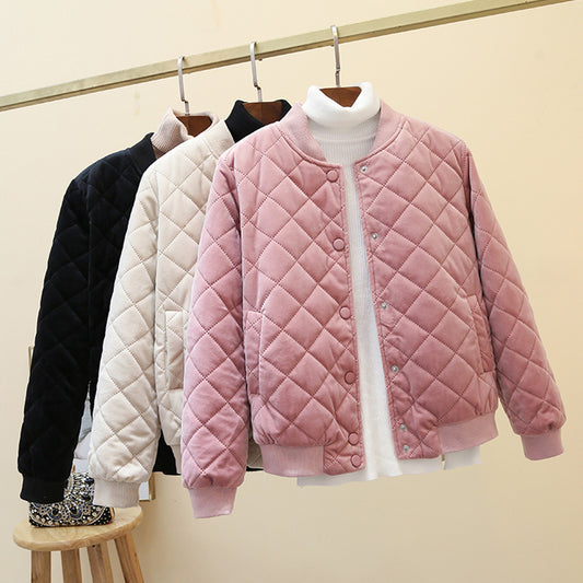 2025 winter new Korean version women's short Harajuku small cotton clothes rhombus gold velvet thickened baseball clothes cotton-padded jacket