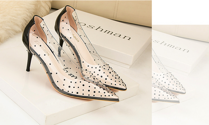 xiangtuibao Transparent high heel women's stiletto pointed wedding shoes rhinestone glass glue, star shoes
