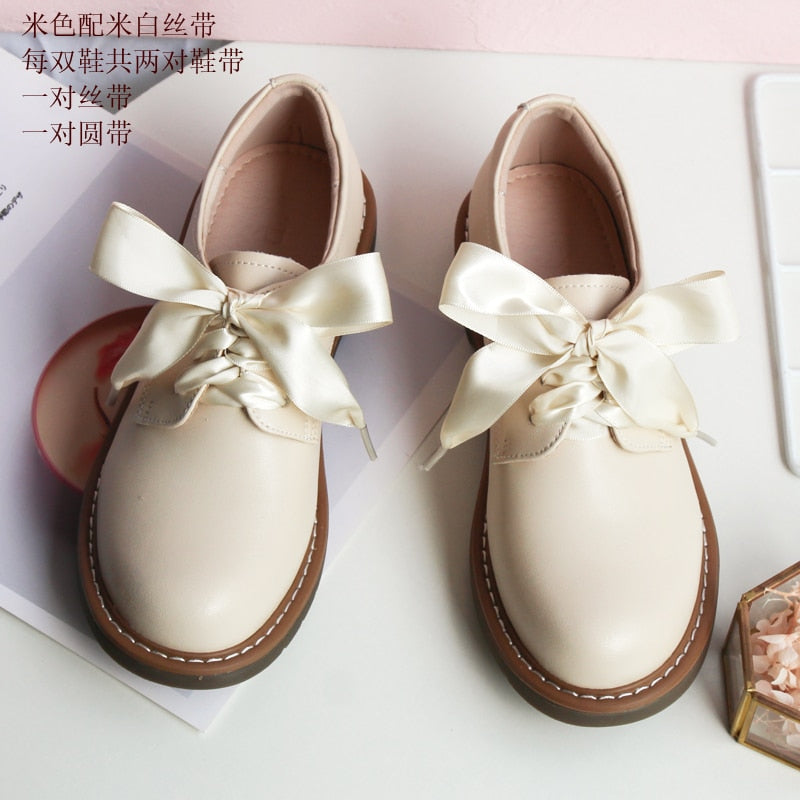 Genuine Leather Japanese Little Pink Shoes Girl Student Cute Soft Sweet Girl Flats Shoes For Women Bow Laces Female Low Heel Cos