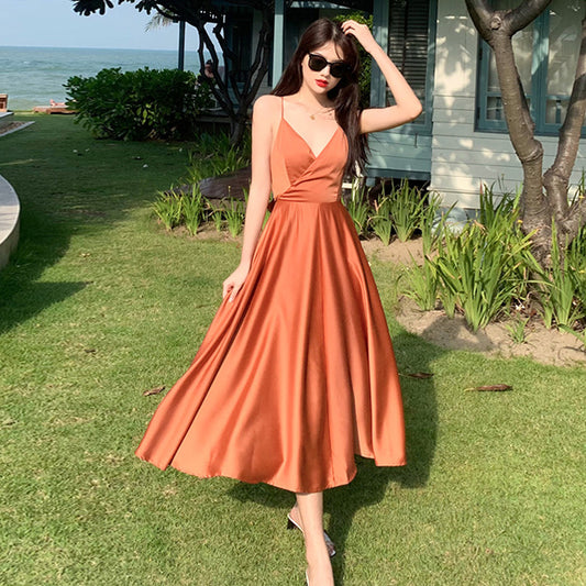 2025 Beach skirt women's seaside vacation long skirt summer halter skirt slim dress super fairy pendulum suspender dress skirt