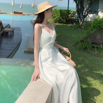 2025 Beach skirt women's seaside vacation long skirt summer halter skirt slim dress super fairy pendulum suspender dress skirt
