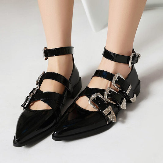 xiangtuibao Plus Size Pointy Shiny Patent Leather Wine Red Low-Heeled Women's Pumps Four-Row Metal Belt Buckle Mary Jane Shoes