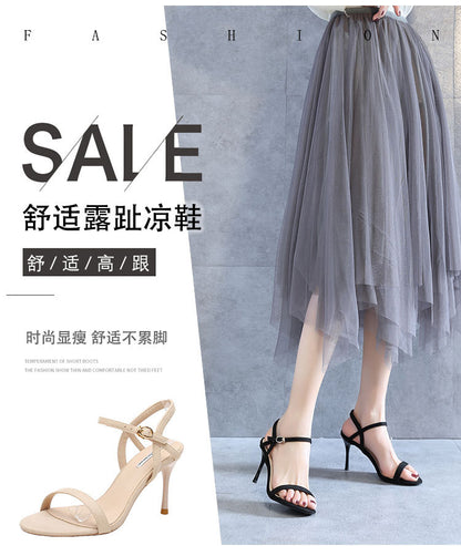 xiangtuibao 6 -- 8cm Women's Shoes High Heel Sandals Open Toe Breathable Comfortable Suede Matte round Toe Stiletto Heel Ankle-Strap Buckle Strap 2025