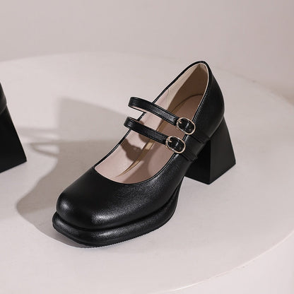 xiangtuibao Double Breasted Buttoned Cutout Breathable Thick Heel Women's Pumps Tapered Thick Heel Classic French Style Mary Jean Shoes