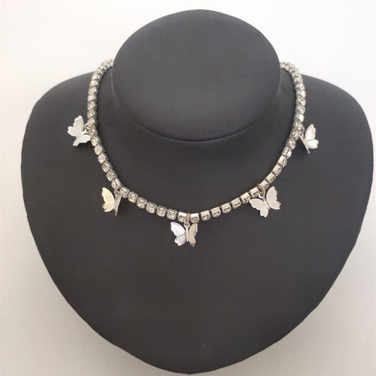2025 ins Popular trade rhinestone chain copper butterfly necklace female pendant neck chain Popular trade chocker fb1030