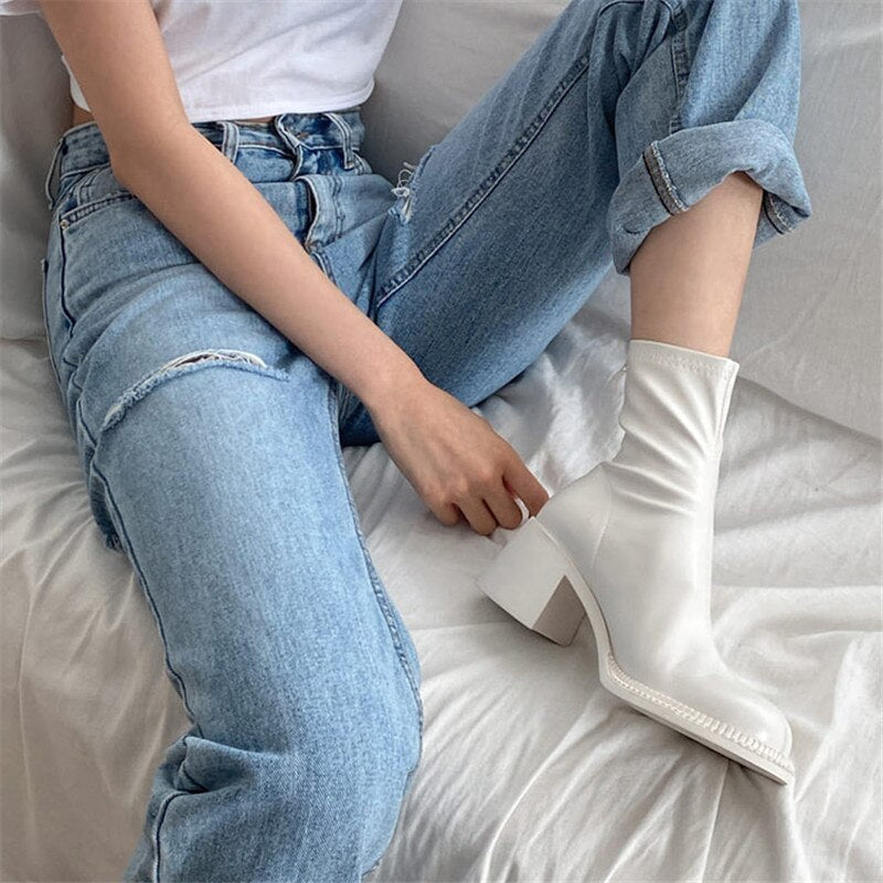 xiangtuibao Sexy Black Women Ankle Boots Chunky High Heel Elastic Sock Boot Ladies Shoes Round Toe Slim Fit Short Booties Autumn Botas Mujer