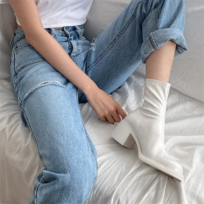 xiangtuibao Sexy Black Women Ankle Boots Chunky High Heel Elastic Sock Boot Ladies Shoes Round Toe Slim Fit Short Booties Autumn Botas Mujer