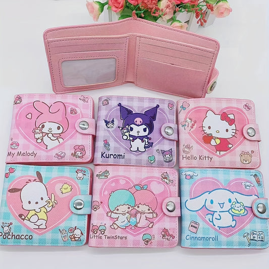 1pc Sanrio Kawaii Bi-Fold PU Leather Cartoon Wallet with Buckle Closure, Polyester Lining, Slip Pocket, and Foldable Design