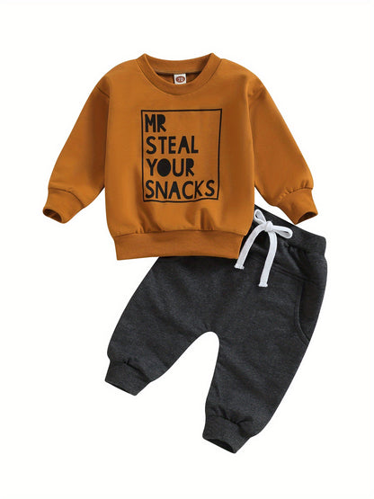 2pcs Adorable "MR STEAL YOUR SNACKS" Baby Boy's Active Set - Soft Sports Cotton Crew Neck Sweatshirts Top and Elastic Waist Fall Pants Outfit - Comfortable, Breathable, and Stylish for Everyday Wear