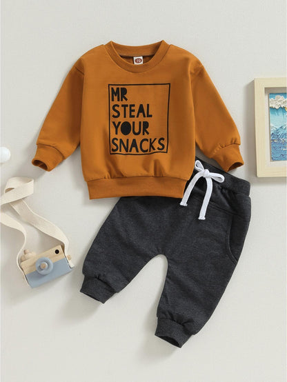 2pcs Adorable "MR STEAL YOUR SNACKS" Baby Boy's Active Set - Soft Sports Cotton Crew Neck Sweatshirts Top and Elastic Waist Fall Pants Outfit - Comfortable, Breathable, and Stylish for Everyday Wear