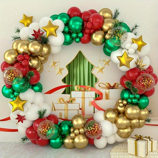 163pcs Festive Balloon Arch Kit - Christmas & New Year Party Decorations, Mixed Color Aluminum & Latex Balloons, Star-Shaped Foil, Versatile for Birthday & Reunion Celebrations, No Power Required, Suitable for Ages 14+