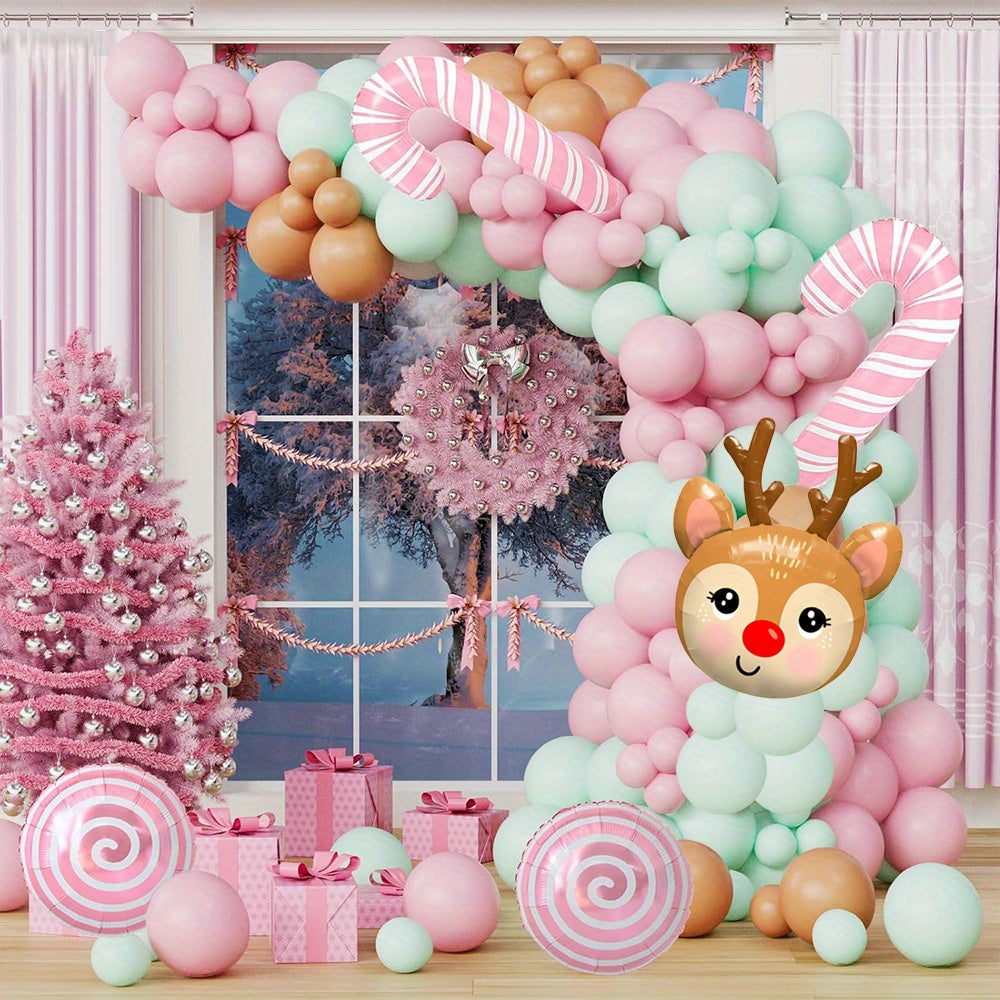 133pcs Christmas Balloon Arch Kit with Pink Candy Cane and Reindeer Head Foil Balloons, Mixed Color Emulsion & Aluminum Film Balloons for Wedding, Anniversary, Reunion - Suitable for 14+