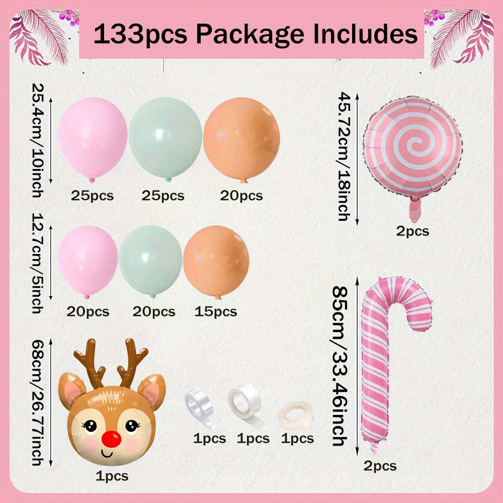 133pcs Christmas Balloon Arch Kit with Pink Candy Cane and Reindeer Head Foil Balloons, Mixed Color Emulsion & Aluminum Film Balloons for Wedding, Anniversary, Reunion - Suitable for 14+