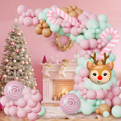 133pcs Christmas Balloon Arch Kit with Pink Candy Cane and Reindeer Head Foil Balloons, Mixed Color Emulsion & Aluminum Film Balloons for Wedding, Anniversary, Reunion - Suitable for 14+